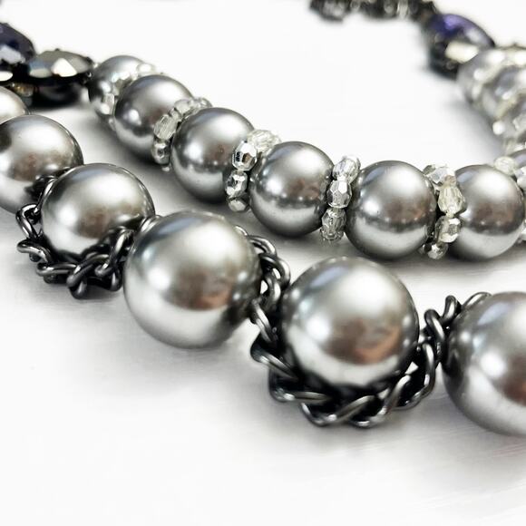 Talbots Chunky Faux Silver Pearl & Chain Purple Stone Statement Necklace - Picture 7 of 8